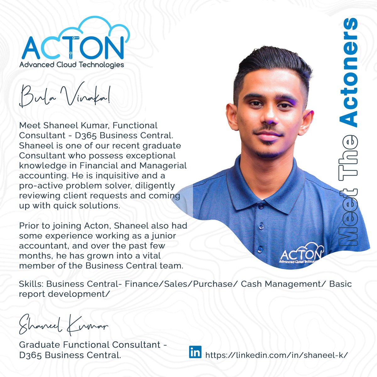 actonfiji's tweet photo. Meet Shaneel Kumar, Graduate Functional Consultant - D365 Business Central.
#meettheactoners #actonfiji #actoners #fiji #ict #cloudtechnology #softwareengineering #microsoft #businesscentral #techtourism
100% #EmployeeOwned 100% #EmployeeOperated 100% #FijianOwned https://t.co/0Wb1GywXLl