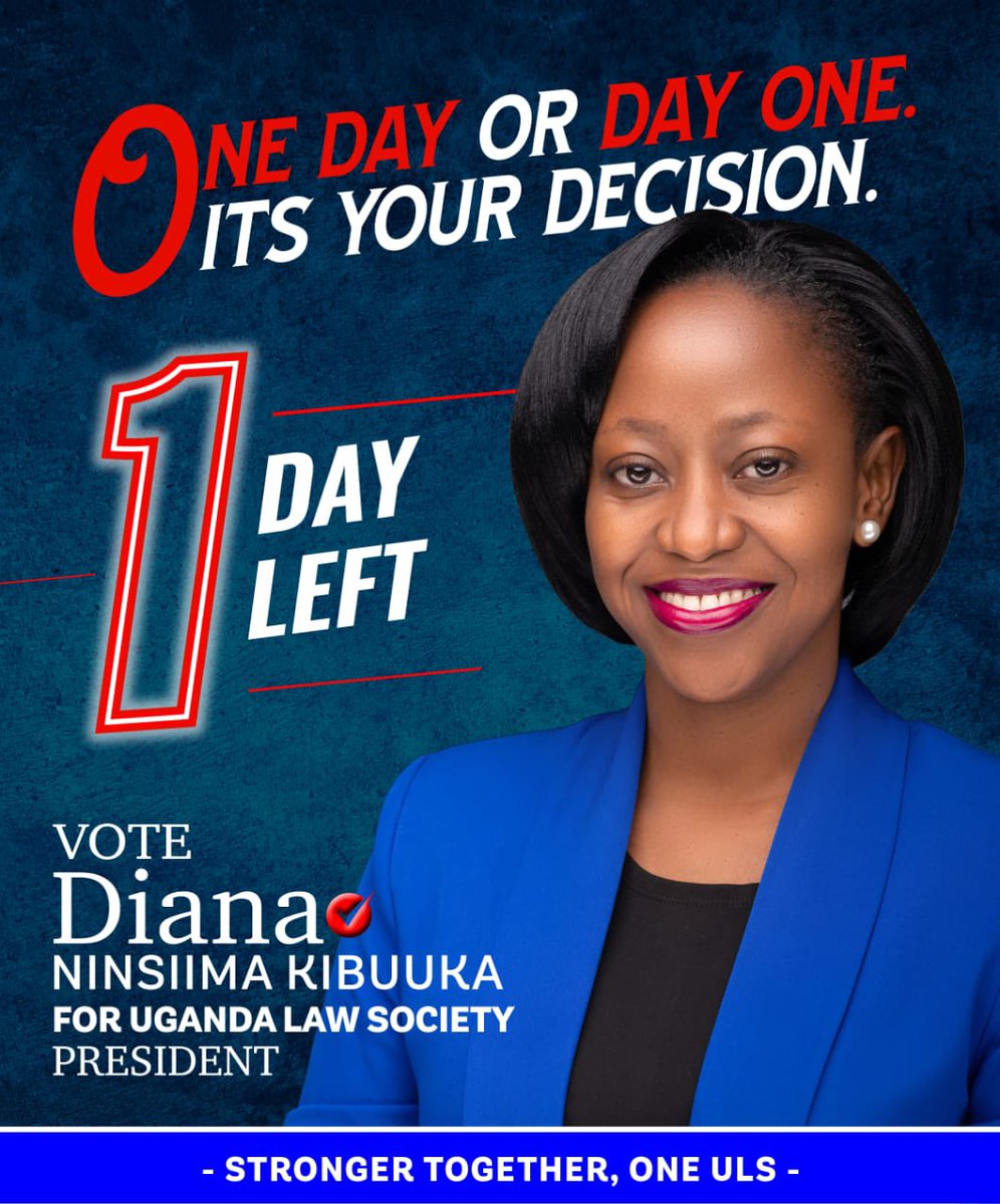 Just one more Day! 🥳🥳🥳
📌 Your vote is a force for positive change in our law society. 
📌 Vote Diana Ninsiima Kibuuka to unleash and harness the potential of our society.. 
📌 Team DNK wishes you a blessed day and journey mercies as you travel to Entebbe. #DNKForULS #OneULS