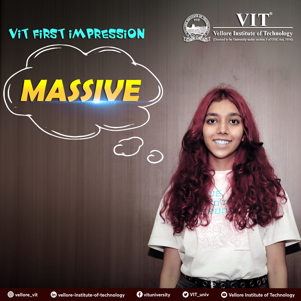 VIT_univ's tweet photo. #Freshman Annapurna. J from Hyderabad who has joined https://t.co/vPP0VU3J3X Electronics &amp; Instrumentation Engineering from the #classof2026 says her first impression about VIT is "Massive"!

#HelloVIT #VelloreInstituteofTechnology #WelcomeToVIT #Freshers https://t.co/T4grkXDtlf