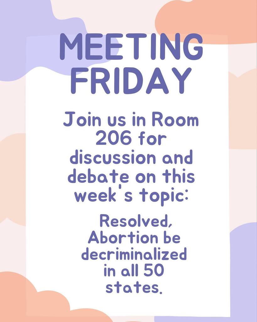 EastJSA's tweet photo. Stop by room 206 tomorrow and share your opinion on this weeks topic : abortion !! hope to see you there ;) https://t.co/ba7NAkjoPa https://t.co/01FeXqjqaH