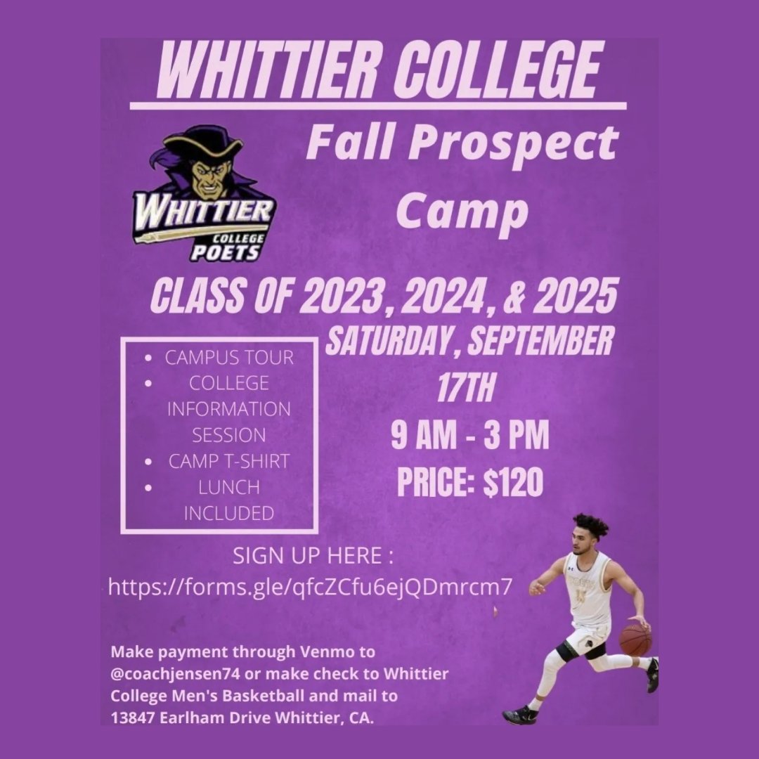 Mike Myers (@coachmmyers3) on Twitter photo Join me at Whittier College's π Prospect Camp-Saturday, Sept. 17th from 9am-3pm!
Walk-up Registration is OK! ππ
Doors Open at 8am
<a href="/GoCollegiate/">Collegiate Coaching LLC</a> workshop includes info about how to get recruited & the college admissions process.
Parents Welcome! Join me at Whittier College's π Prospect Camp-Saturday, Sept. 17th from 9am-3pm!
Walk-up Registration is OK! ππ
Doors Open at 8am
<a href="/GoCollegiate/">Collegiate Coaching LLC</a> workshop includes info about how to get recruited & the college admissions process.
Parents Welcome!