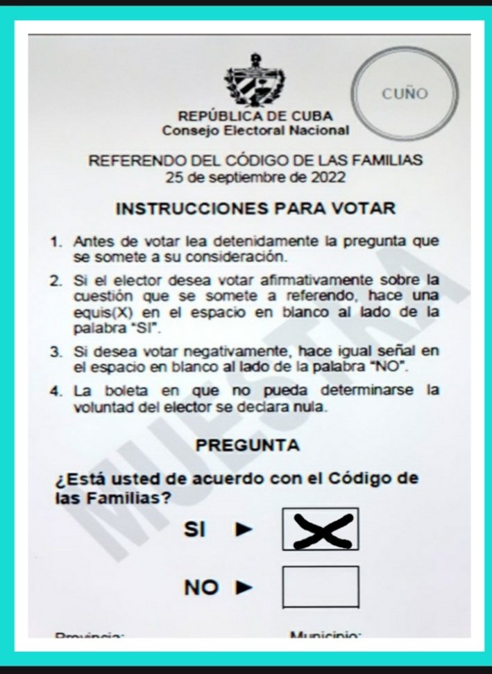 Para votar por el nuevo #CódigoDeLasFamilias, basta con escribir una X en el cuadro que dice Sĺ, de tal manera que ratificamos el #CodigoSi