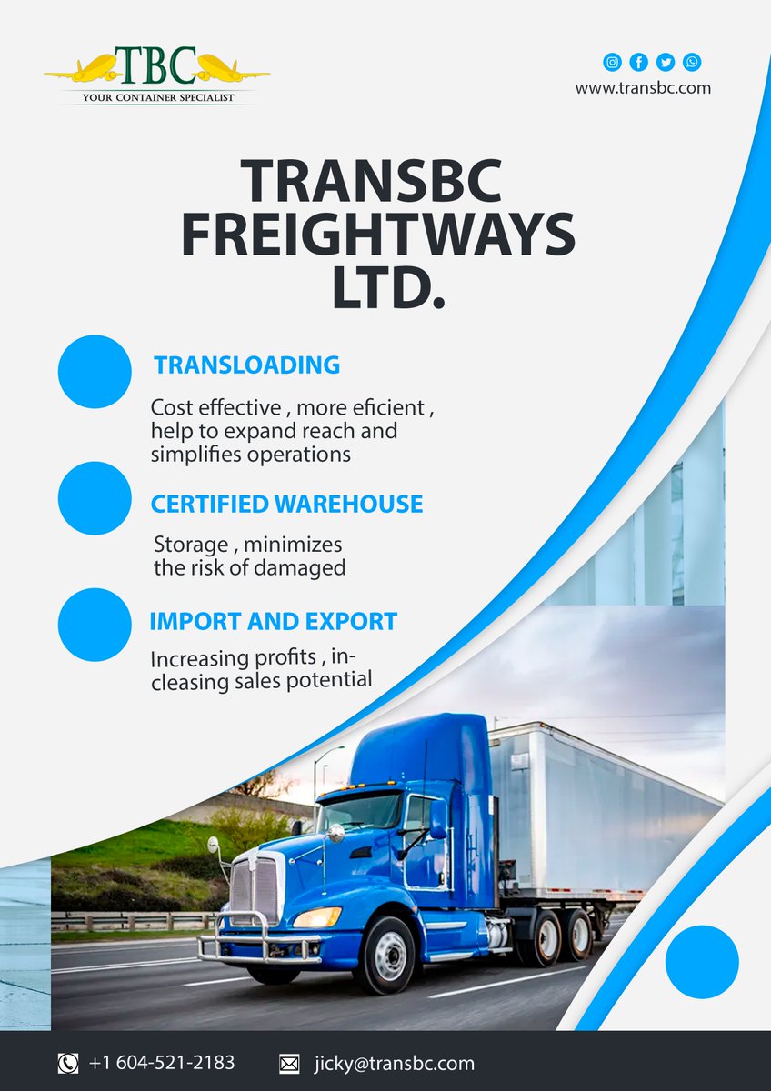 transbc2's tweet photo. Trans BC Freightways Ltd is a quality-driven organization and takes pride in meeting the transportation needs of each customer. We at Trans BC Freightways Ltd. are proud to announce ourselves as Your Container Specialist.
#transbc #tbc #britishcolumbia #transbcfreightways #canada https://t.co/Gnv9CsrAJ4