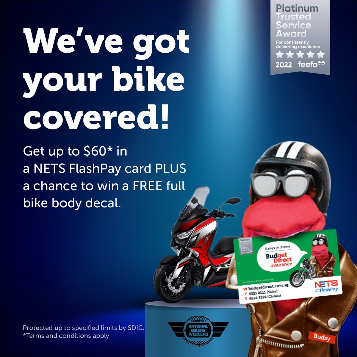 BudgetDirectSG's tweet photo. Join us at the National Bikers’ Weekend - starts 4 Nov 2022.
We’re super stoked to be supporting Singapore’s motorcyclists. Here’s a teaser of what’s in store. Get up to $60* in a NETS FlashPay card. 
Win a FREE full body bike decal worth up to $1,200.
 https://t.co/xwaT7YNQ5s https://t.co/K0SPHqkTcL
