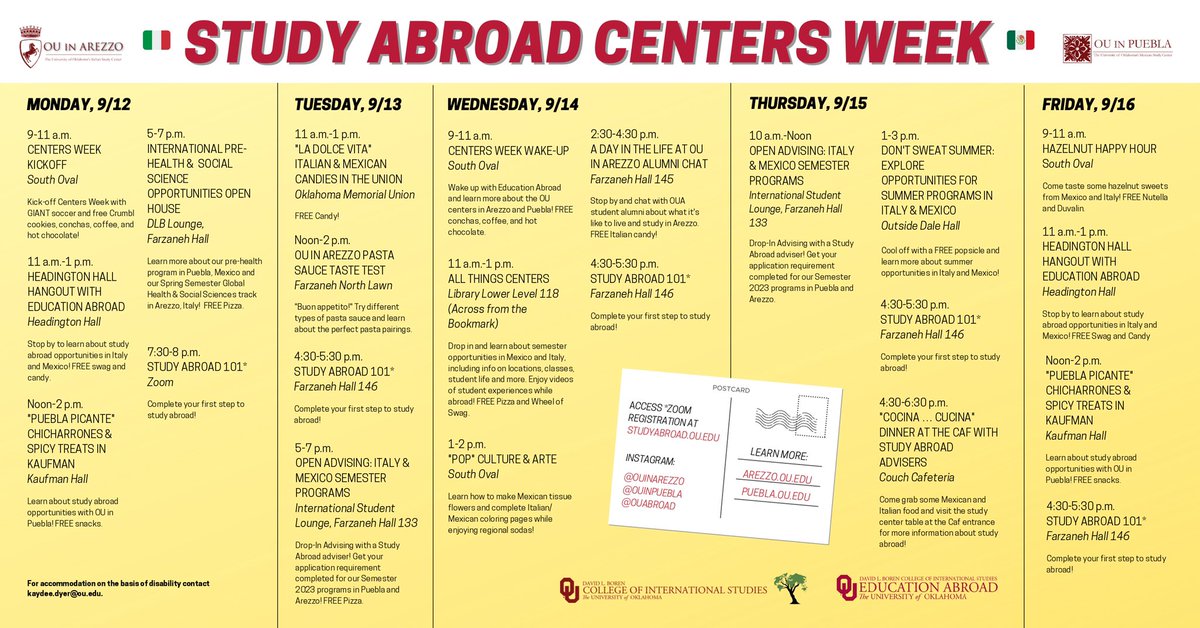 OUItalian's tweet photo. Study Abroad Centers Week is coming up (September 12-16)! Come learn about study-abroad requirements, hear from program alumni and sample some #Italian and #Mexican food delicacies! #ouitalian #ouinarezzo https://t.co/0PQy2Laj2f