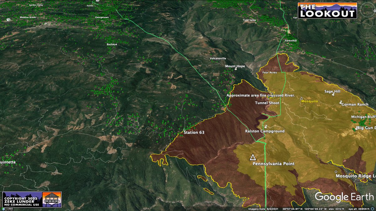 wildland_zko's tweet photo. Here is #MosquitoFire fresh-off-the-plane intel from 4:45pm by @FIRIS. 
Fire spread SE is mainly in the canyon, not significantly onto ridgetop, yet. North flank appears to be holding along Chicken-Hawk Ridge. Yellow is 12:45 mapping. Green dots = structures. https://t.co/Pajd6hOwrG