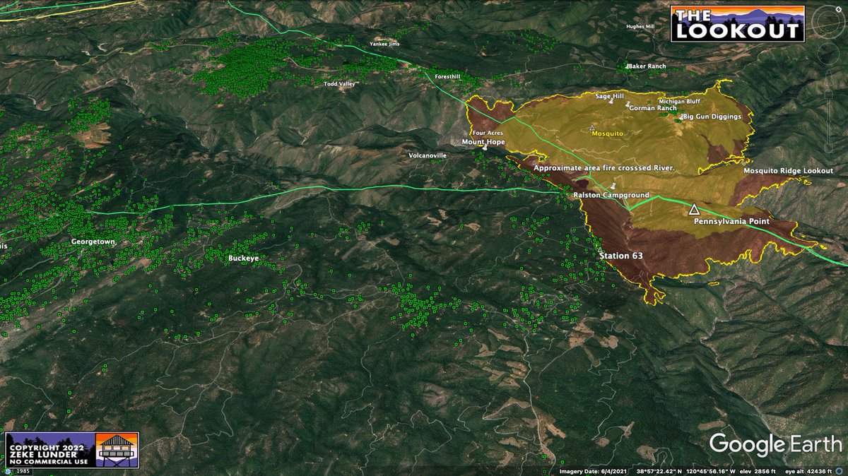 wildland_zko's tweet photo. Here is #MosquitoFire fresh-off-the-plane intel from 4:45pm by @FIRIS. 
Fire spread SE is mainly in the canyon, not significantly onto ridgetop, yet. North flank appears to be holding along Chicken-Hawk Ridge. Yellow is 12:45 mapping. Green dots = structures. https://t.co/Pajd6hOwrG