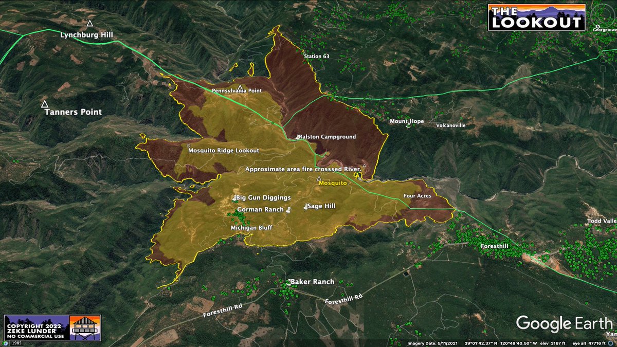 wildland_zko's tweet photo. Here is #MosquitoFire fresh-off-the-plane intel from 4:45pm by @FIRIS. 
Fire spread SE is mainly in the canyon, not significantly onto ridgetop, yet. North flank appears to be holding along Chicken-Hawk Ridge. Yellow is 12:45 mapping. Green dots = structures. https://t.co/Pajd6hOwrG