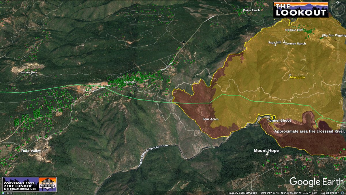 wildland_zko's tweet photo. Here is #MosquitoFire fresh-off-the-plane intel from 4:45pm by @FIRIS. 
Fire spread SE is mainly in the canyon, not significantly onto ridgetop, yet. North flank appears to be holding along Chicken-Hawk Ridge. Yellow is 12:45 mapping. Green dots = structures. https://t.co/Pajd6hOwrG