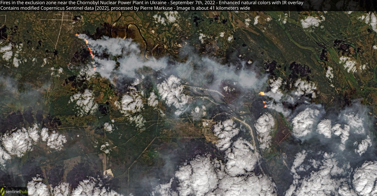 Pierre_Markuse's tweet photo. 🟠 Again #fires🔥 in the exclusion zone near the Chornobyl Nuclear Power Plant in #Ukraine🇺🇦 7 September 2022 #Copernicus🇪🇺 #Sentinel-2🛰️ Full-size ➡️ https://t.co/vhyqms5mO5 #RemoteSensing #OpenData #scicomm #Чорнобиль #ChNPP Image is about 41 kilometers wide 1/4 https://t.co/5qJEngXabJ