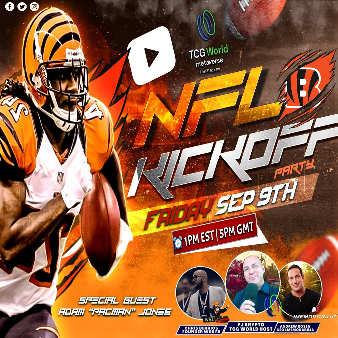 PlayTCGWorld's tweet photo. The TCG World #NFL kickoff party countdown has begun!🏈

Catch @PjKrypto live on YouTube with special guests @REALPACMAN24, @FB_WSB &amp; @1memorabilia🔥
⏰️ Sept 9, 1PM EST | 5PM GMT

Set reminder👇
https://t.co/cQB7gOYRIn

+ Livestream viewers have chances to win #Giveaways!✨️ https://t.co/M2VHf9CmuL
