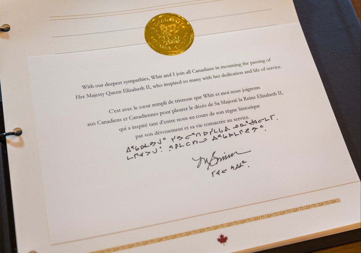 #GGSimon delivered a live statement to Canadians before leaving a tribute to Her Majesty The Queen in the book of condolences. The book will be available to the public as of tomorrow @RideauHall. To read her statement, visit: ow.ly/YN4X50KF0Ur