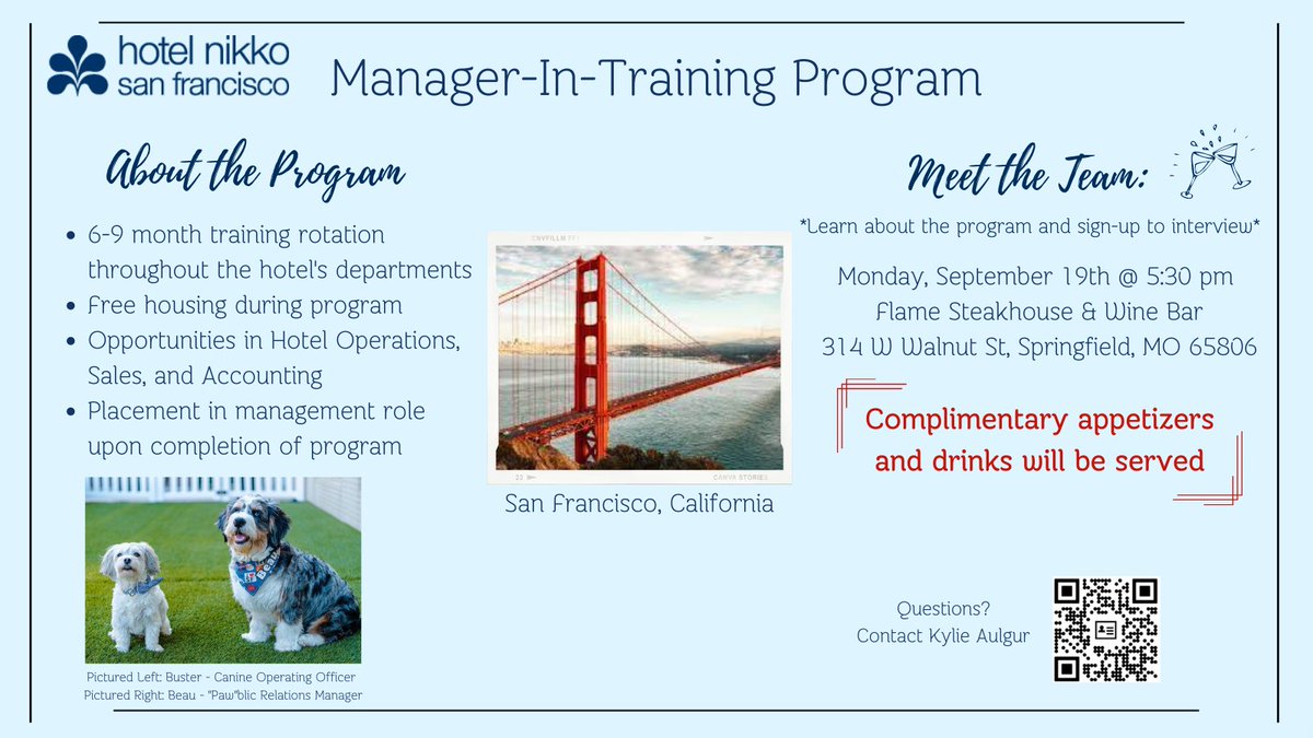 📢 Calling all @MissouriState 2023 graduates interested in hospitality at a luxury hotel in San Francisco! Hotel Nikko San Francisco's leadership team will host a session on 9/19, 5:30pm at Flame Steakhouse. Find out all about our Manager-in-Training program. See you there!📢