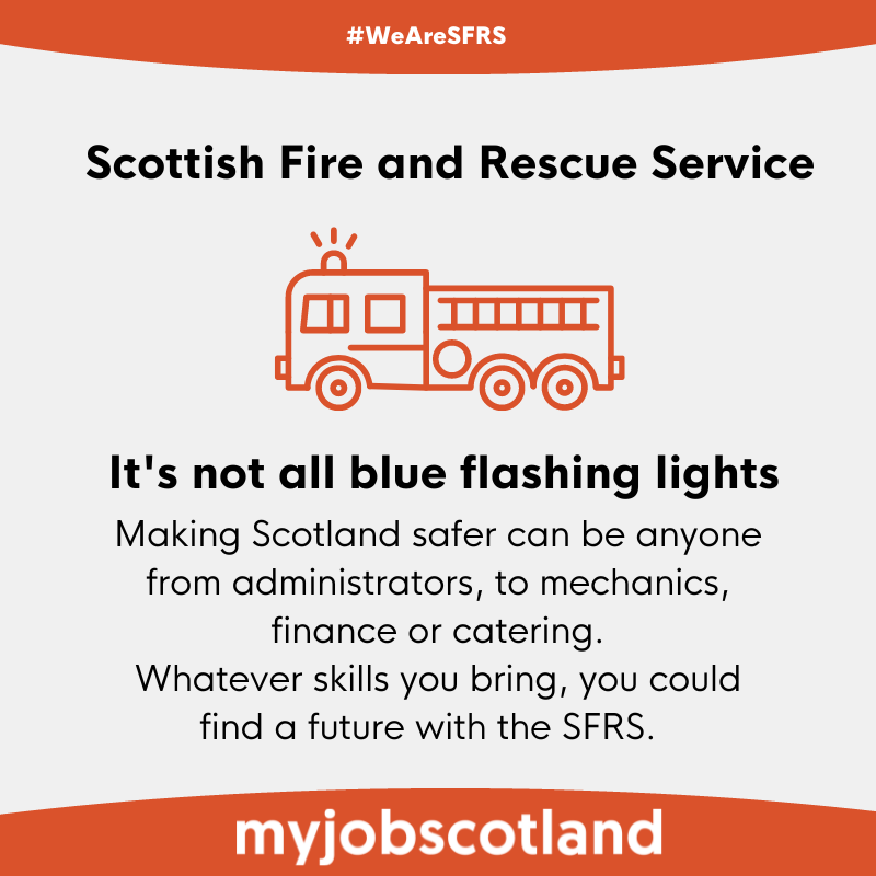 A career with <a href="/fire_scot/">Scottish Fire and Rescue Service</a> could cover anything from administration, finance or ICT, to showing visitors around a museum or speaking to young people in the community. Whatever skills you bring, you could find a future with the SFRS. 
myjob.scot/SY17vz #WeAreSFRS