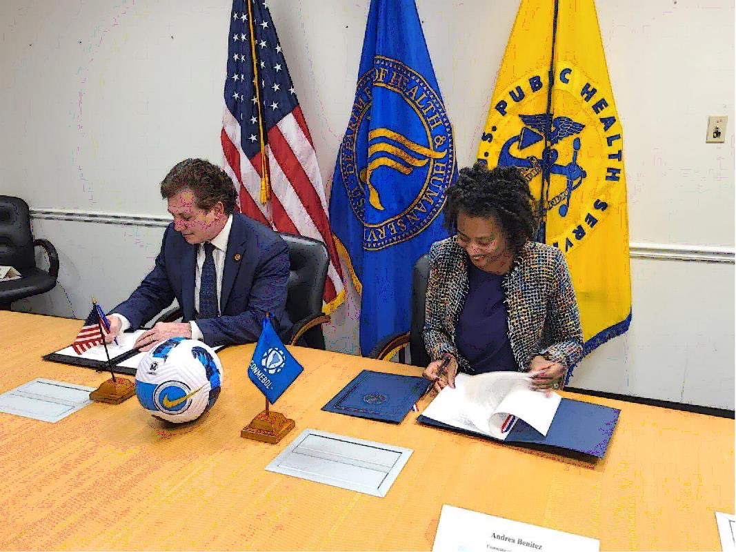 HHS_Global's tweet photo. Thrilled that the Memorandum of Understanding between HHS’ @HHS_ASGA and @CONMEBOL President, @agdws was signed today! (soccer emoji) This partnership is an important step to increase healthy behaviors in the region! #healthybehaviors https://t.co/FFFuJrvICU