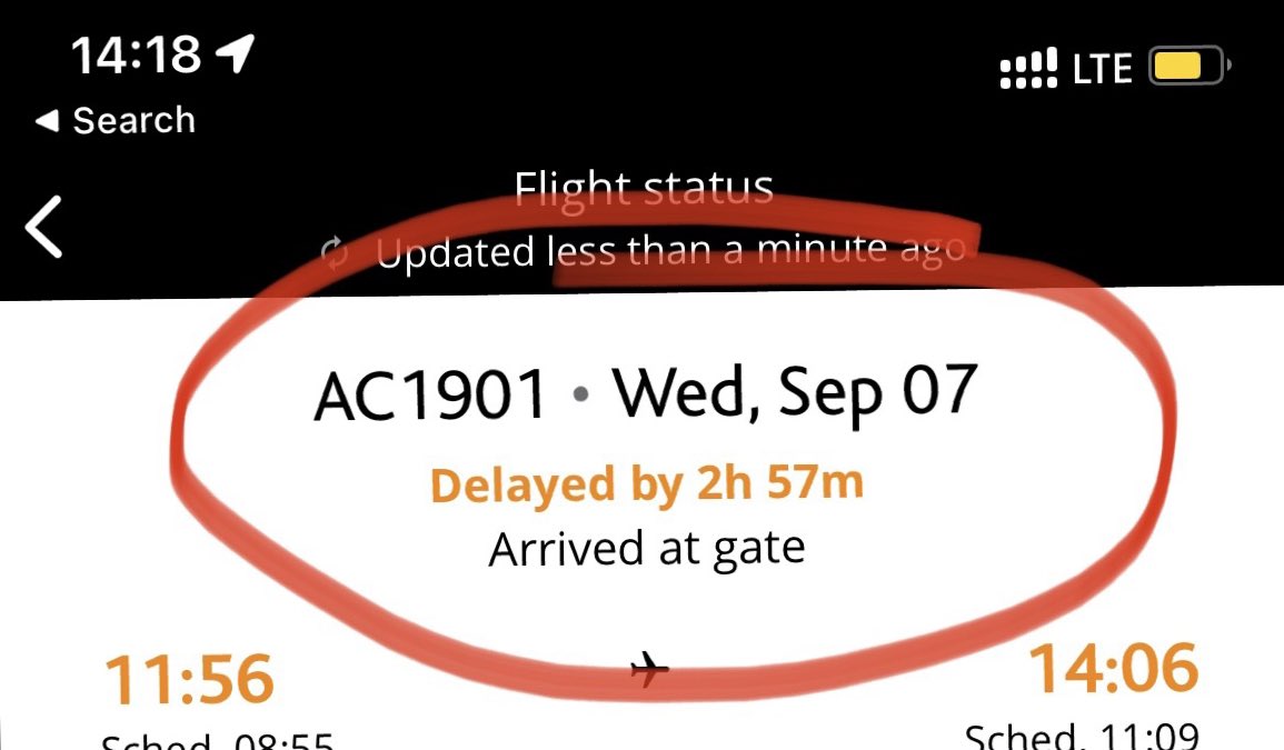 Hey look, we made it just under 3 hours late. Why is that interesting? Because with a 3+ hours delay they would have owed us $400 each. 
rppa-appr.ca/eng/compensati…