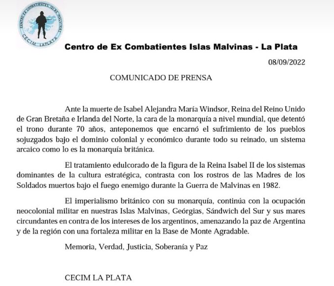 🗣️🇦🇷 #Veteranos | #Comunicado | #IsabelII 

Excombatientes de La Plata: "encarnó el sufrimiento de los pueblos sojuzgados bajo el dominio colonial y económico"

Los excombatientes de La Plata lanzaron un comunicado tras la muerte de la Reina Isabel II.  

diariohoy.net/internacional/…