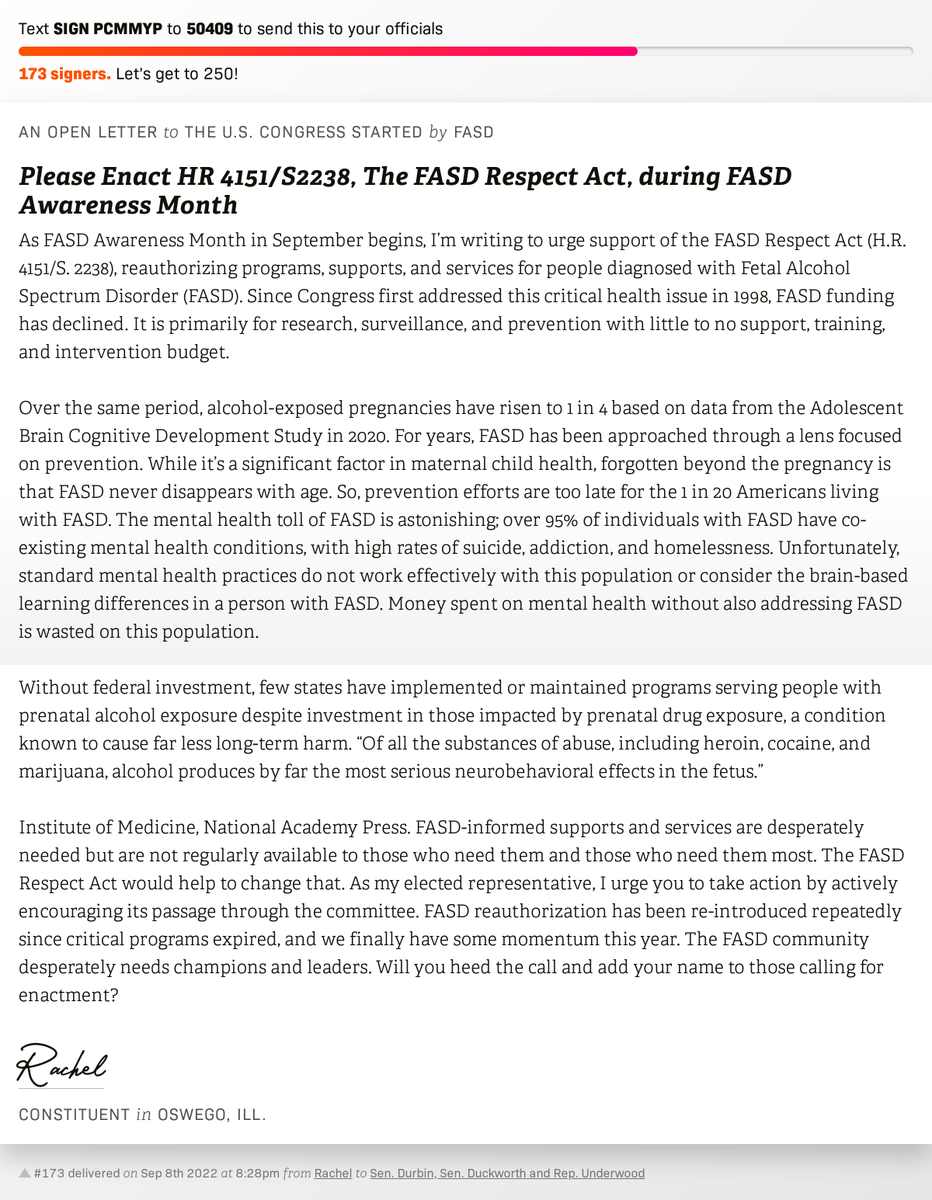 openletterbot's tweet photo. 🖋 Sign “Please Enact HR 4151/S2238, The FASD Respect Act, during FASD Awareness Month” and I’ll deliver a copy to your officials: https://t.co/xo4RT1SzjH

📨 No. 173 is from Rachel to @SenatorDurbin, @SenDuckworth and @RepUnderwood #IL14 #twill #HR4151 https://t.co/Vq81HGd8Xv