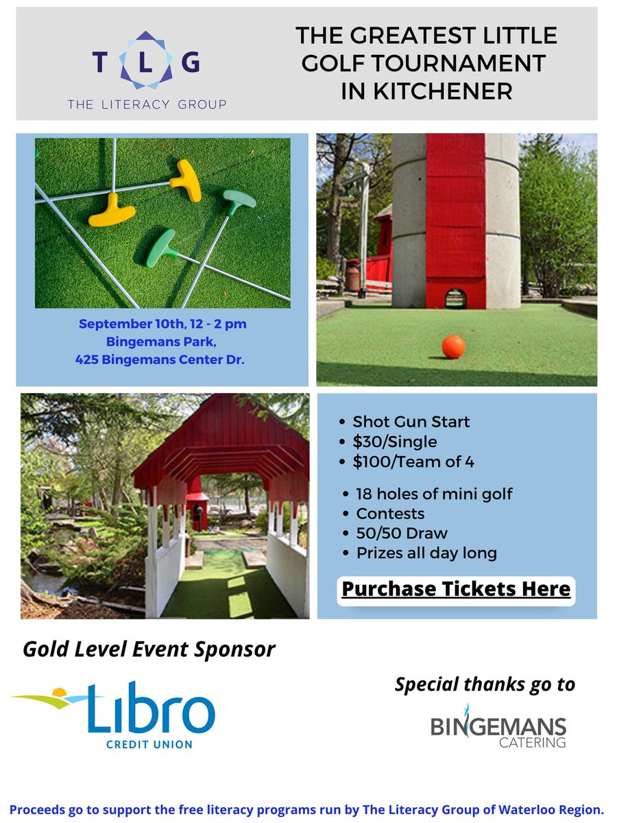 TLGwr's tweet photo. Join our mini-golf tournament at @Bingemans THIS SATURDAY for some family fun! Prizes all day long! Thank you to our Gold Sponsor @LibroCU for supporting our fundraiser.
Purchase your ticket here! https://t.co/T5KtmNOVFW
#kwawesome #familyfun #minigolf #fundraiser https://t.co/0hTPBegZyw