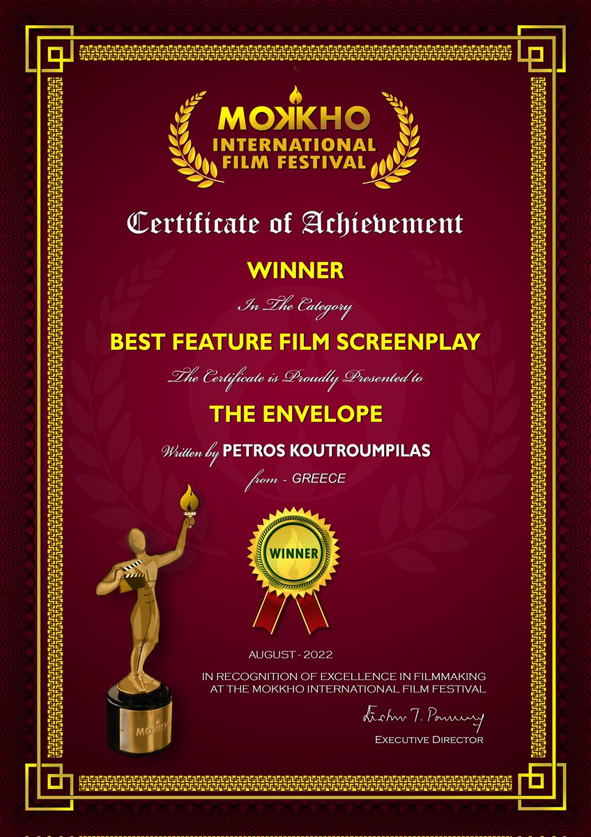 KoutroumpilasP's tweet photo. Another award for my script, The Envelope! This time it's the @MokkhoF   awarding the Best Feature Film Screenplay Award! The journey of my script is getting rather interesting 😊🎞🎬 #films #gayfilms #authorsoftwitter https://t.co/q5oqt5B2k9