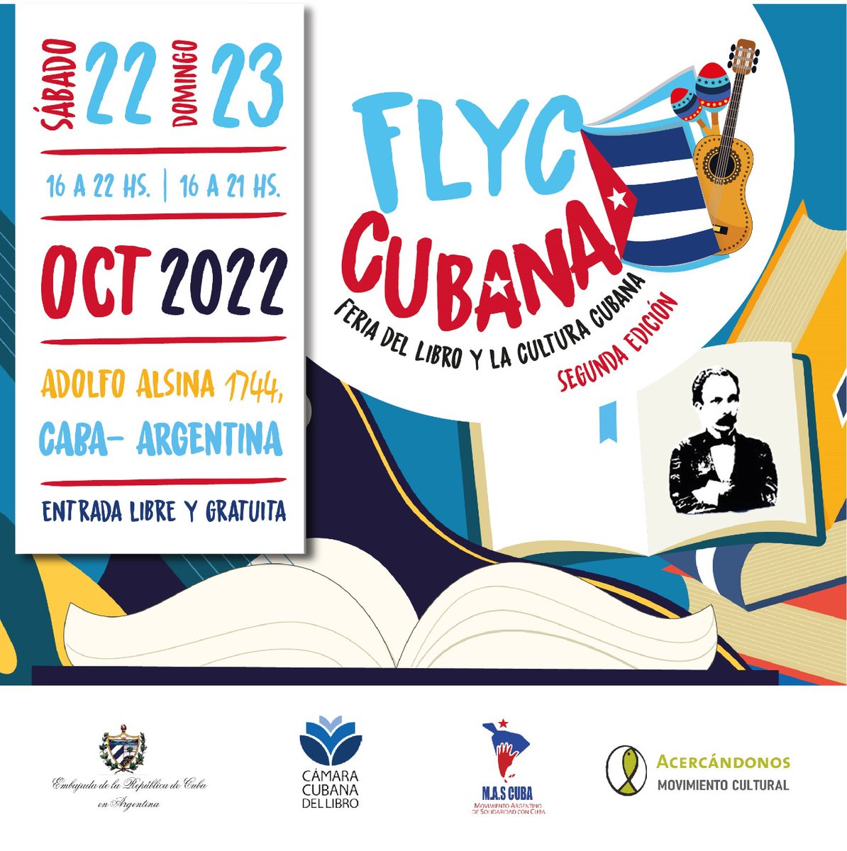 II° Feria del Libro y al Cultura Cubana
¿Estás listos para participar? Preparen sus agendas y reserven sábado 22 y domingo 23 de octubre en la Casa de Amistad Argentino Cubana, Alsina 1744, CABA.