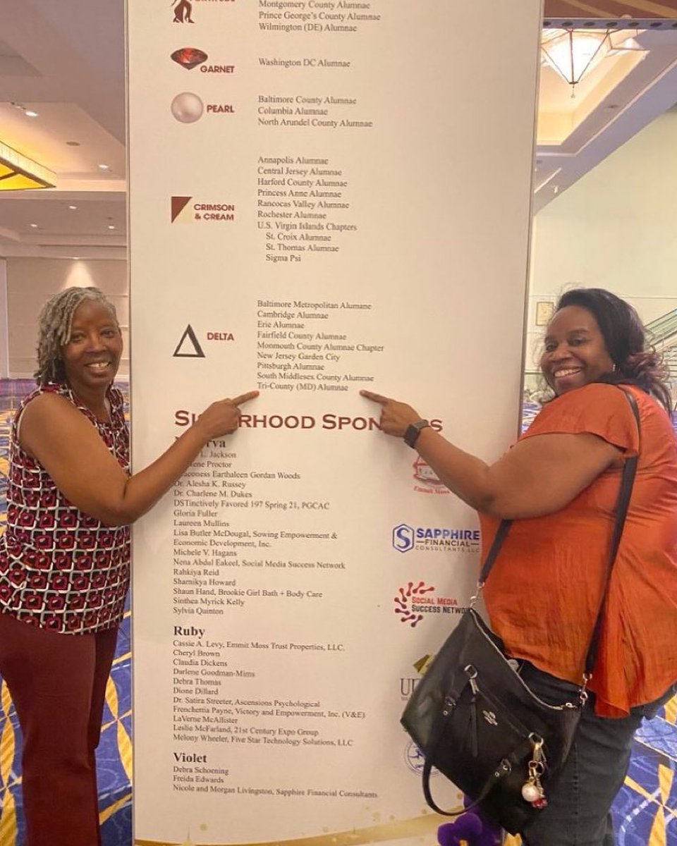 TCMDACDST's tweet photo. We were 53th Regional Conference Ready! President @tralj12 and Chartering President Roberta Berry pointing out TCMDAC featured as a Sponsor.
#DSTRC2022
#ElevatingExcellence
#EPICSisterhood https://t.co/UAOU4NOrFb