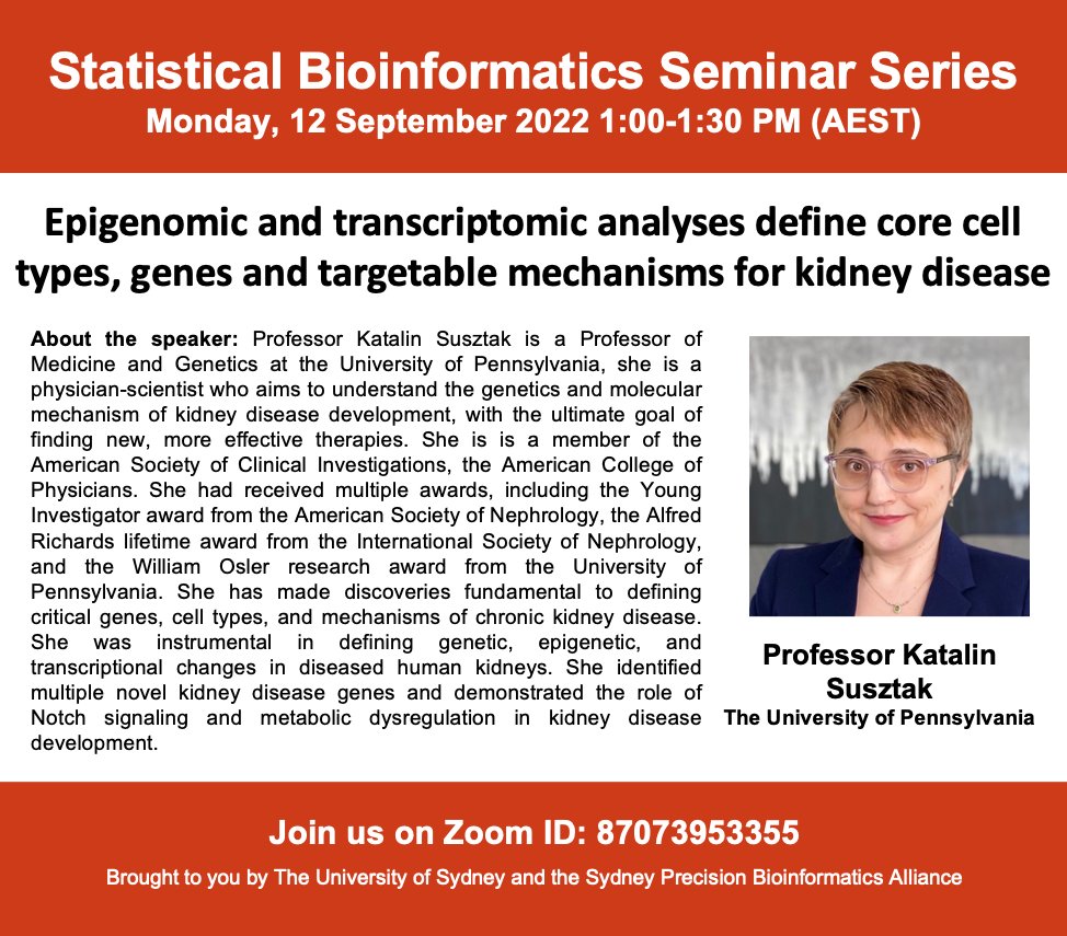 sydneybioinfo's tweet photo. Next up, we have @KSusztak from @Penn present to us a massive renal multi-omics study profiling the GWAS on 1.5 million individuals, the methylome of 442 kidneys, the transcriptome of 686 samples, and single-cell ATAC of 57,229 kidney cells! Join us for a multi-omics session! https://t.co/GUYcqGlzQ3
