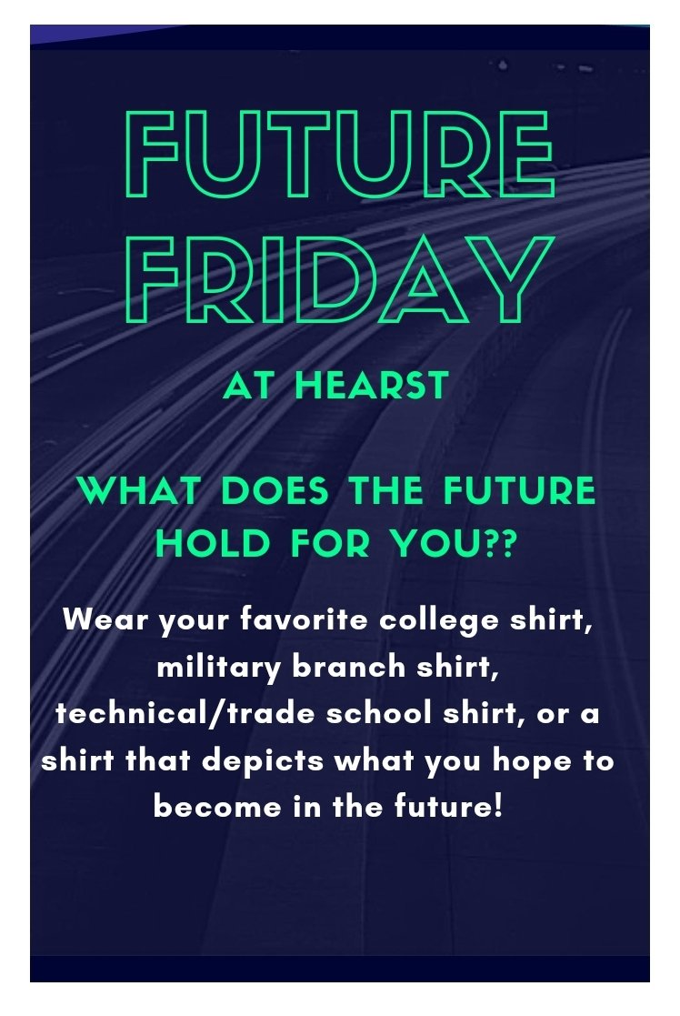 💚💛🐾💚💛🐾
HEARST FUTURE FRIDAY!
💚💛🐾💚💛🐾
Wear your favorite college shirt, military branch shirt, technical/trade school shirt, or a shirt that depicts what you hope to become in the future!
#futurefriday
#hearsthoundsproud
<a href="/sdschools/">San Diego Unified</a> 
#BetterSD