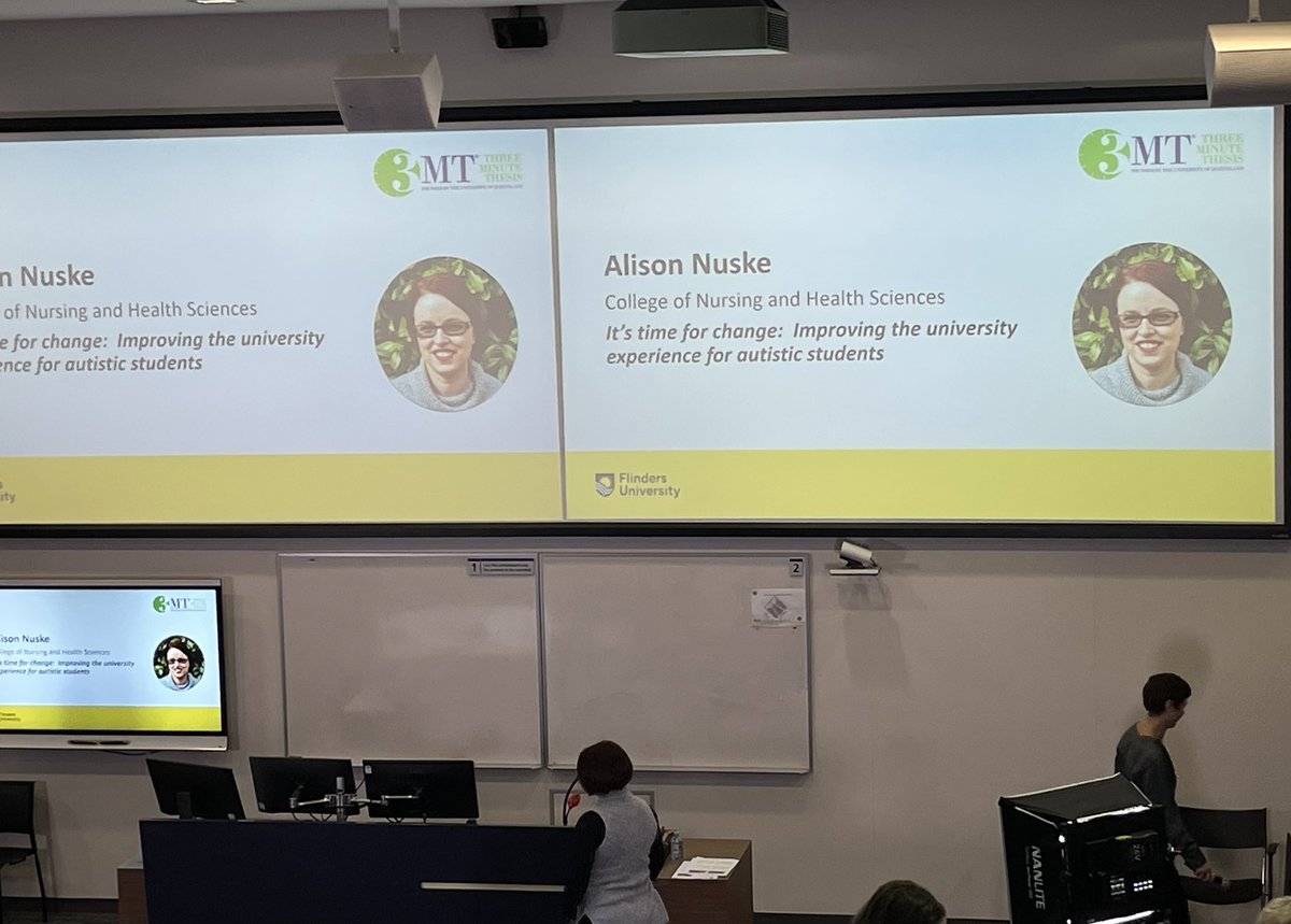 FionaRillotta's tweet photo. Whoo hoo! Go @alison_nuske #3MT @flin3mt #autism #autisticstudent #highereducation #inclusion 👏👏👏🎉🎉🎉🎊🎊🎊 Excellent performance! @ShipmanJessie @michellelbellon https://t.co/AYvVdZEAWy