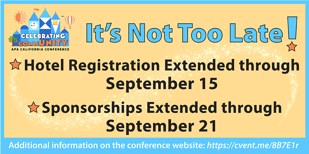 APACalifornia's tweet photo. There is still time!
The hotel reservation date has been extended through September 15! 
Sponsorships have been extended through September 21! 
You won’t want to miss the opportunity to engage, network, and participate in what will be our first in-person meeting since 2019! https://t.co/0Rcq6pamLq