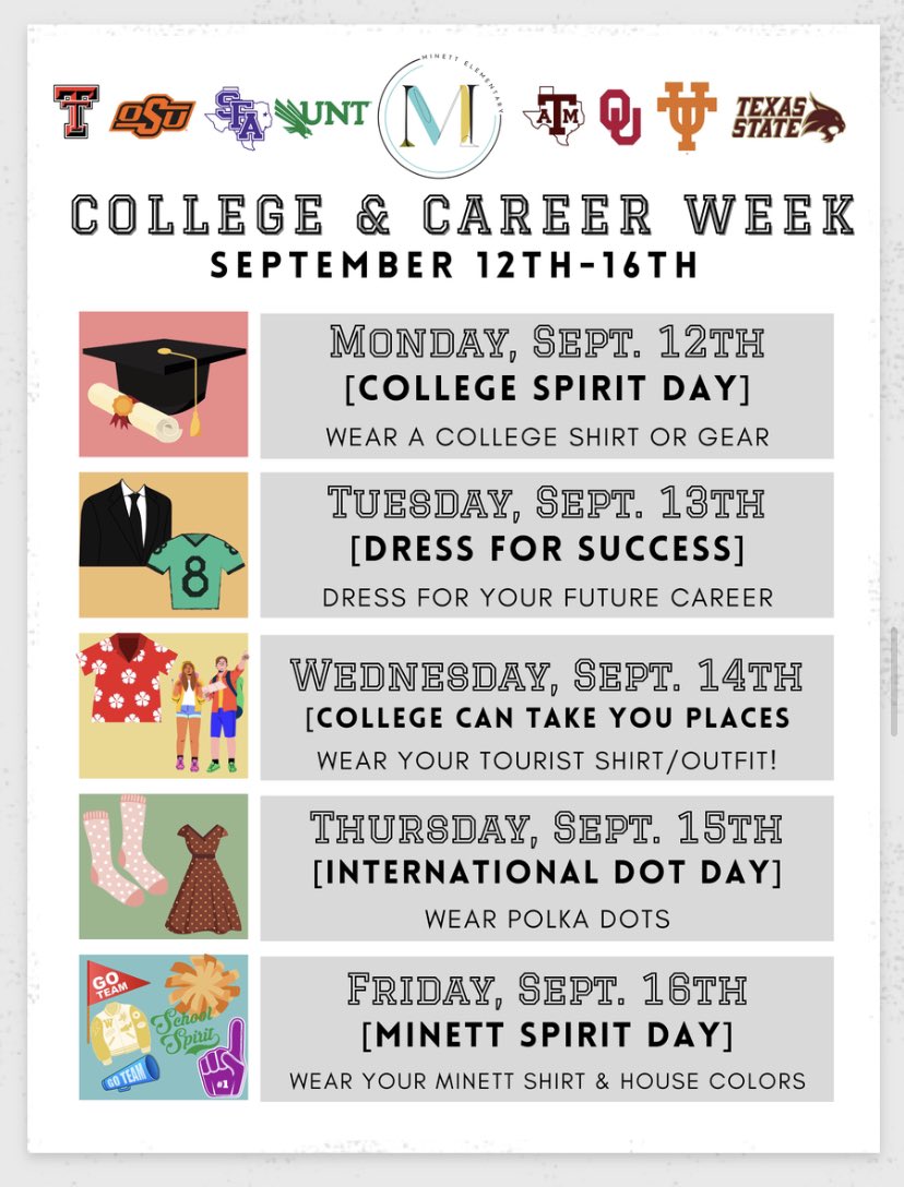 SmileyCounselor's tweet photo. I cannot wait to see what these sweet kiddos dress up as for College &amp; Career Week! @MinettElem https://t.co/800q8fUYhN