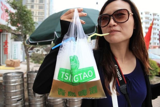 In qingdao they serve beer in plastic bags. Are you in, should we????