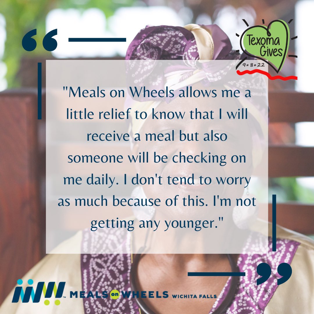 There is still time to donate!! ⬇️⬇️

Meals on Wheels strives to ensure the safety of our clients! Volunteers provide wellness check daily &amp; provide a sense of relief for our clients! 

Donate here: texomagives.org/organizations/… 

#texomagives