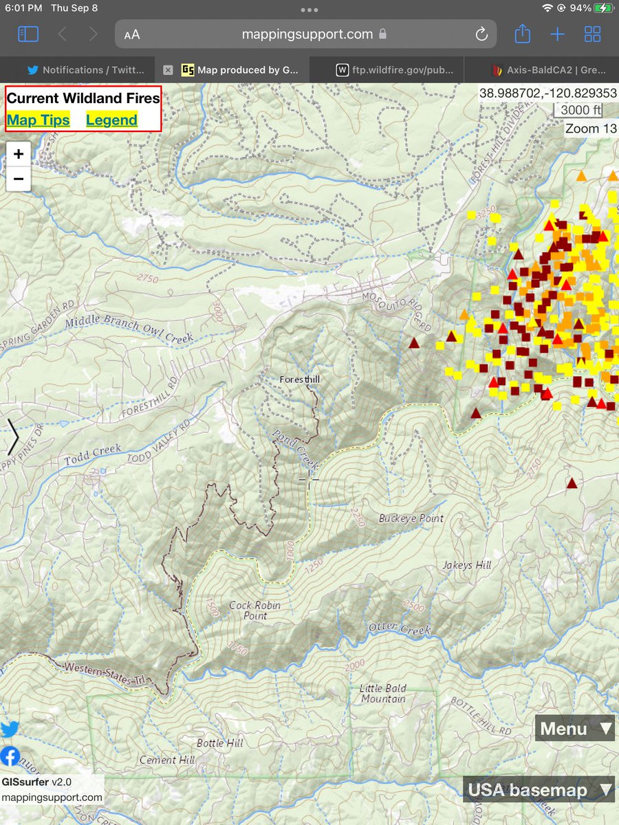 #MosquitoFire 
Here are two heat signature maps that indicate the very general area of the incident 09-08-22 at 6:00 P.M.:

There has been considerable spread in the past 6 hours.