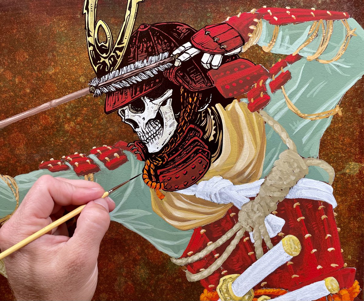 DavidLozeau's tweet photo. Did some live painting of this samurai archer tonight on my socials—thanks to everyone who popped in to say hi and ask questions!
I’ll work on it some more this weekend and post updates here as I go.
💀🏹
Acrylic background, Gouache underpainting, and Enamel line work. https://t.co/wqwfneac58