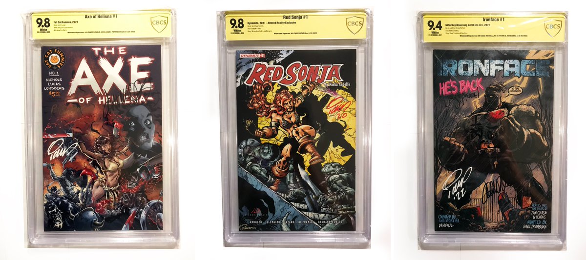 IanCNichols's tweet photo. Graded @CBCScomics are now available on my website! #AxeofHellena #1, 3x signed (Broderick @himwhatjolts & me) #IRONFACE #1, 3x Signed (@himwhatjolts @Joe_StPierre & me) and #RedSonja #1 Signed by me
https://t.co/TEXoEigr4k
#comics #comicbooks @IronfaceStudios @DynamiteComics https://t.co/875F9FBQAW