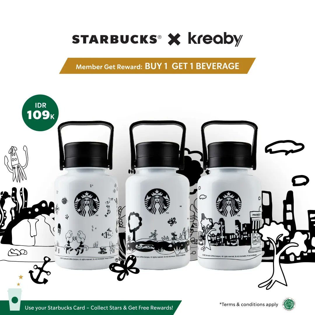 SbuxIndonesia's tweet photo. Jangan lupa, khusus buat kamu Starbucks Rewards member bisa dapetin #BUY1GET1 beverages setelah beli 1 Waterbottle Starbucks x @withkreaby ☺️

Promo kasih banyak manfaat, ready buat bikin kamu selalu bersemangat! 😍 https://t.co/Q22sGuYdyK