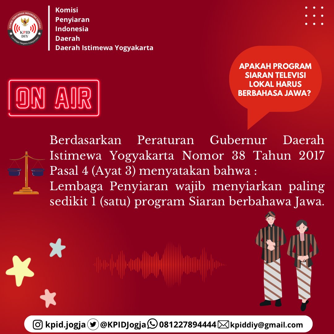 kpidjogja's tweet photo. Hallo Sobat Penyiaran 👋🏼

Perlu diketahui bahwa program siaran televisi lokal harus mengandung unsur bahasa Jawa. Hal ini sudah diatur dalam Pasal 4 berdasarkan Peraturan Gubernur Daerah Istimewa Yogyakarta Nomor 38 Tahun 2017.

Kreator: 
@tilanamaretta https://t.co/uxsfnhKHv0