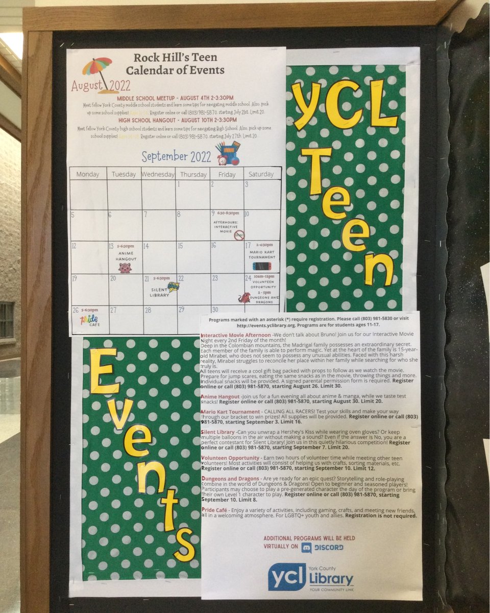 DCMSMediaCenter's tweet photo. Events for the York County public library are posted outside the Media Center. Join the fun in downtown Rock Hill! https://t.co/6DC3TK2kQe @DutchmanCreekMS @Beamer_YCL #LibrariesTransform #WeDontTalkAboutBruno #AnimeHangout #MarioKart #SilentLibrary #DungeonsAndDragons #PrideCafe https://t.co/95Xo44n3vq