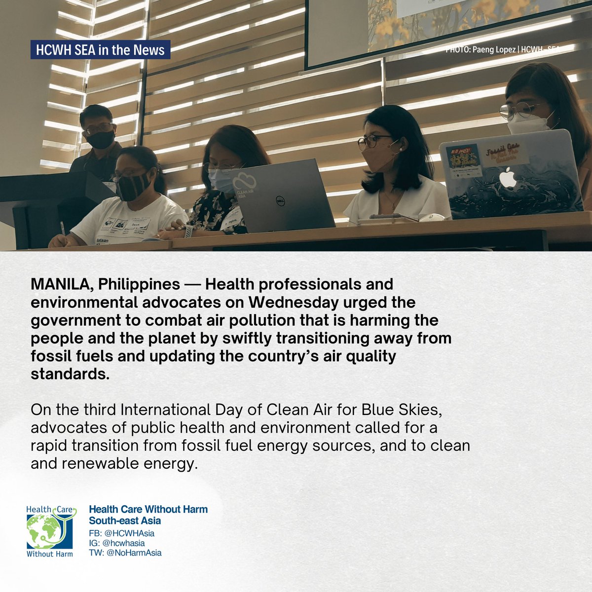 hcwhasia's tweet photo. #HCWHSEAintheNews π°
Sept 7, 2022 - Healthcare sector in the Philippines prescribe clean air, government to divest from harmful fossil fuels and transition towards healthier energy sources to save lives.
π READ: https://t.co/YGU9YoI8Rv
#RxCleanAir #WorldCleanAirDay π https://t.co/q4vMzQDY57