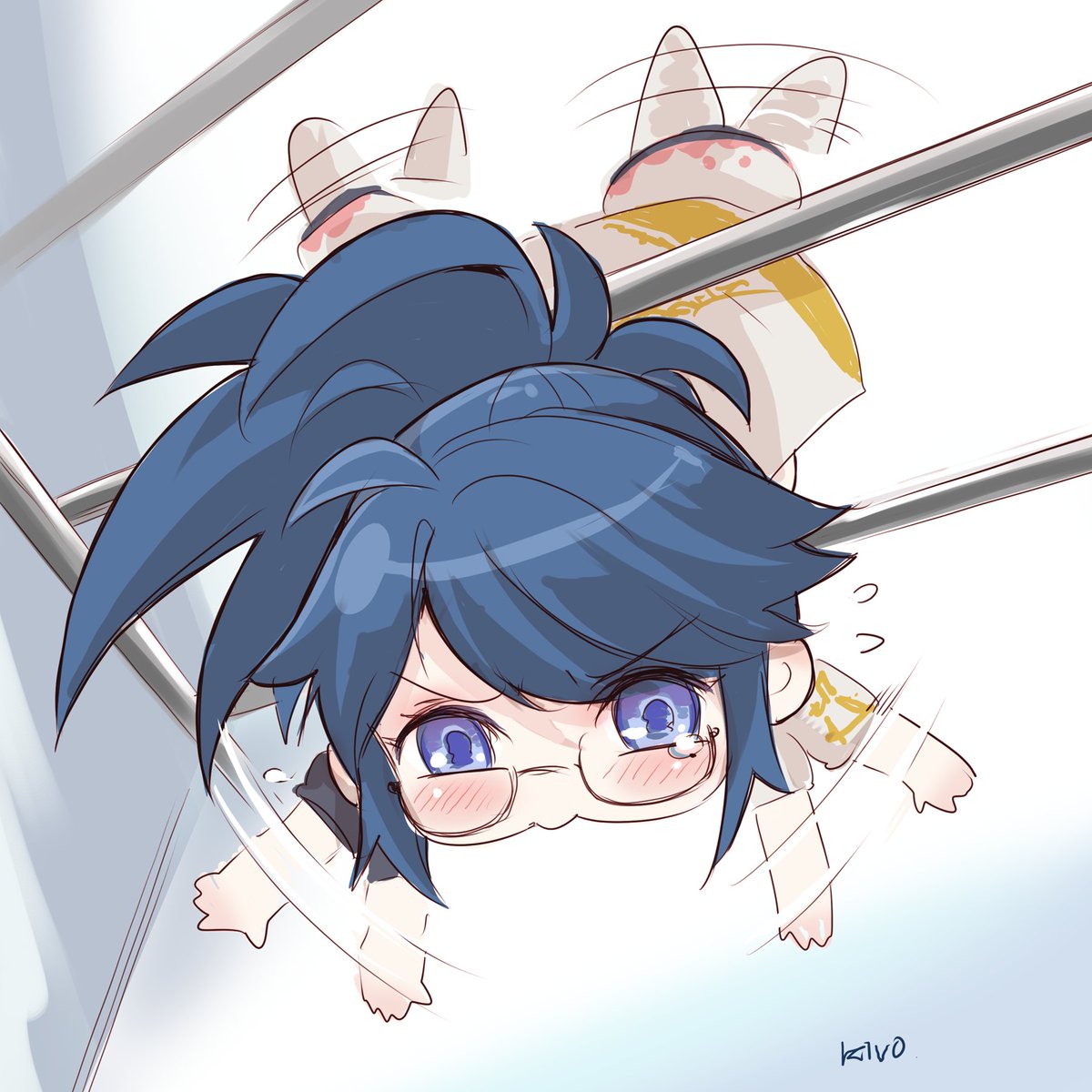 1girl blue hair glasses blue eyes ponytail solo chibi  illustration images