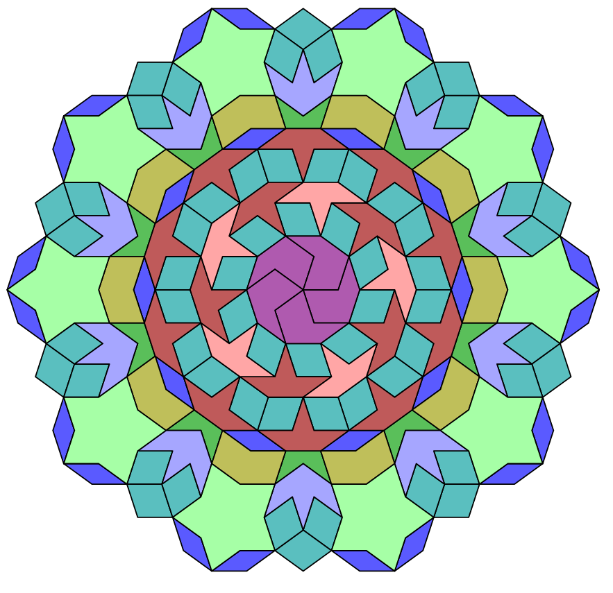 Tom_Ruen's tweet photo. Some varied tiles related to Penrose tiles. The reflexed pentagon (Patrick starfish's  greens pants) seems very useful to mix, and with pentagons. https://t.co/HvMntUIsbn