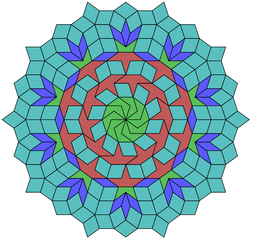 Tom_Ruen's tweet photo. Some varied tiles related to Penrose tiles. The reflexed pentagon (Patrick starfish's  greens pants) seems very useful to mix, and with pentagons. https://t.co/HvMntUIsbn