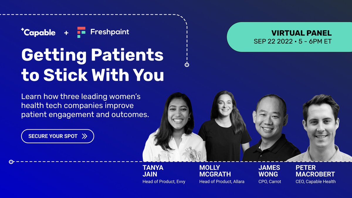 Building the next #healthtech 🚀 ?

Get the cheat codes to patient engagement on this upcoming panel September 22.

Hear how they've relentlessly improved patient engagement, outcomes, and retention to provide world-class women's health experiences. 

bit.ly/3d4j6ED