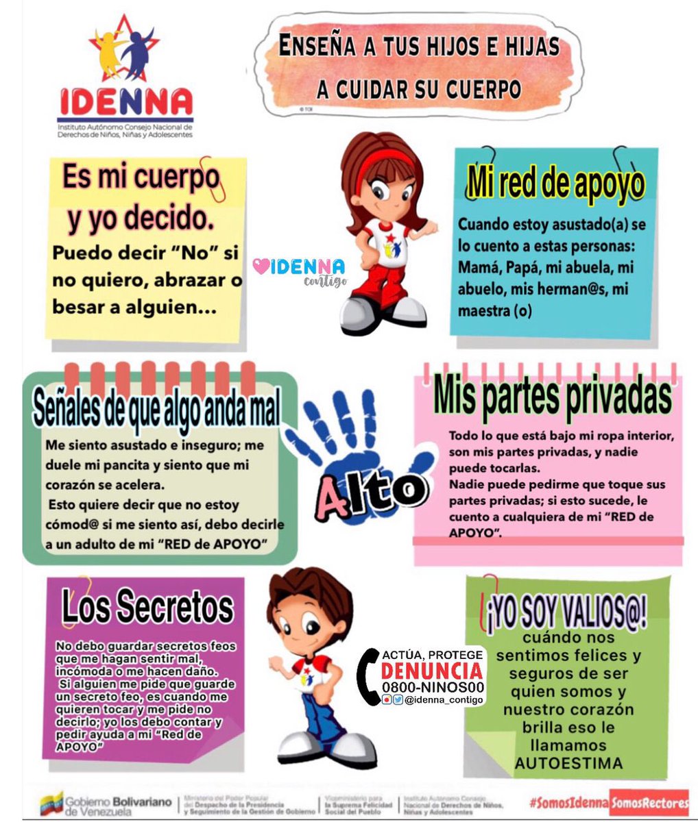 Idenna_Oficial's tweet photo. #TipsPreventivos || Enseña a tus hijos e hijas a cuidar su cuerpo
¡Actúa, protege y denuncia! 
0800-NINOS-00 @NicolasMaduro @ConCiliaFlores @AsiaVillegasP @MervinMaldonad0 @pestana_jl @Asamblea_Ven @MinpublicoVEN @Defensoria_Vzla @delcyrodriguezv @35vanesamontero @MPPEDUCACION https://t.co/YWorUeUh1H