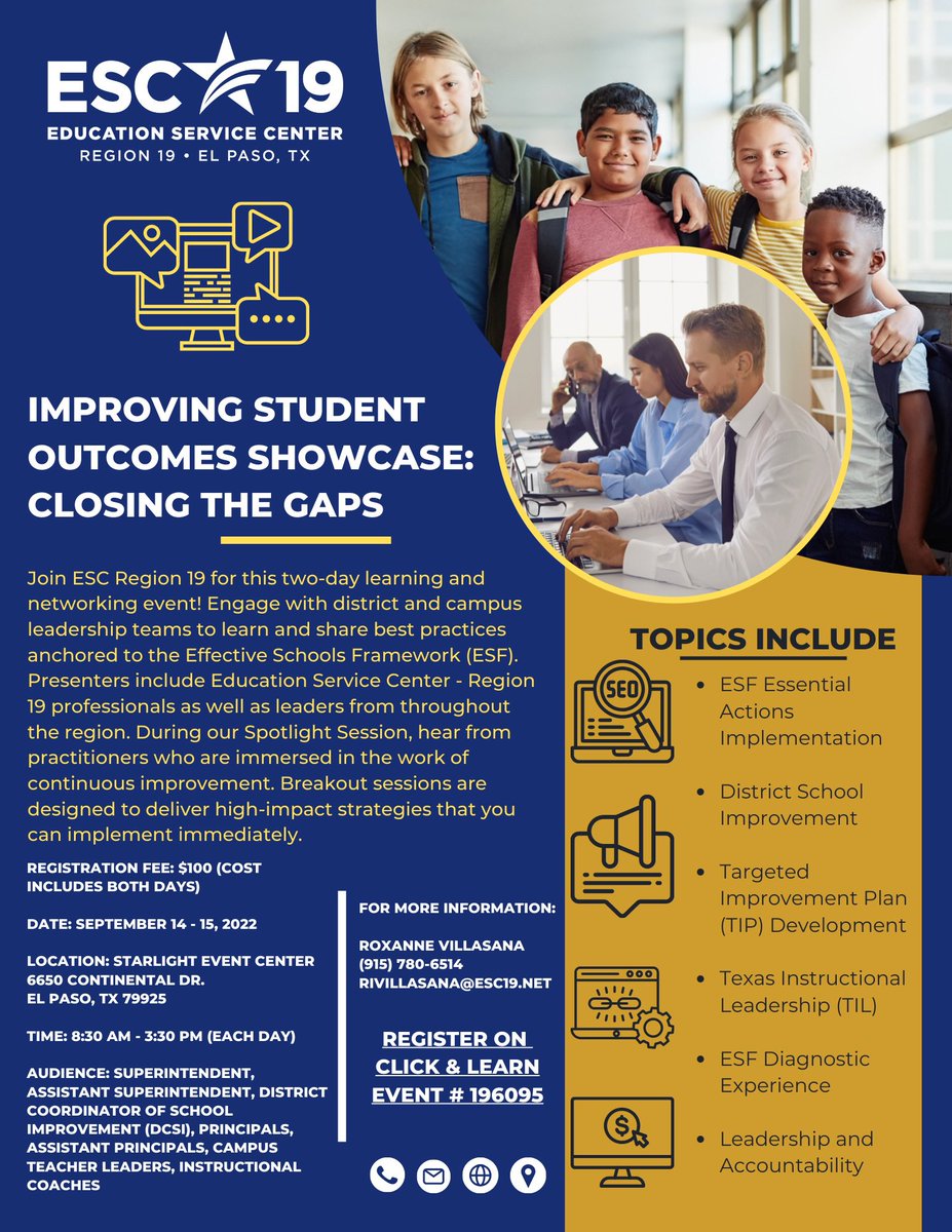 EHinojosESC19's tweet photo. Our site is live! https://t.co/XXNlrHZd9h Join us at our Improving Student Outcomes Showcase: Closing the Gaps September 14-15. https://t.co/jTPfYfL4Bj