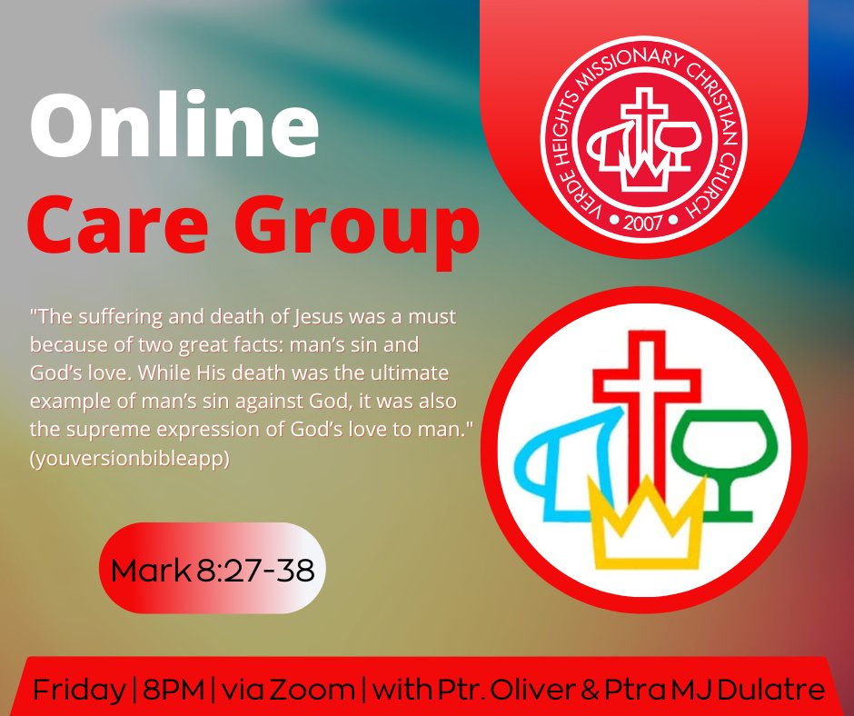 MchVerde's tweet photo. Join us online via Zoom at 8pm. Discussions will be led by Ptr. Oliver and Ptra. MJ Dulatre.
Follow us on social:
Facebook @vhmcc
Instagram @vhmcc082007
Pinterest @vhmcc2007
#vhmcc #CAMACOP #alliance #vhmcconlinecaregroup
#onlinecaregroup #gospel #JesusOurSavior #GodLovesYou https://t.co/TssQKnYPd4