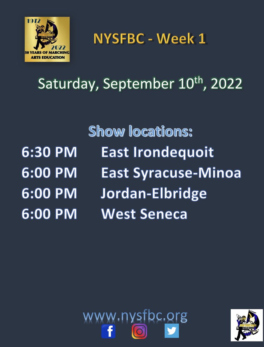NYSFieldBand's tweet image. We are two days away from starting our 2022 New York State Field Band Conference season! We can’t WAIT to get back onto the field! #NYSFBC2022