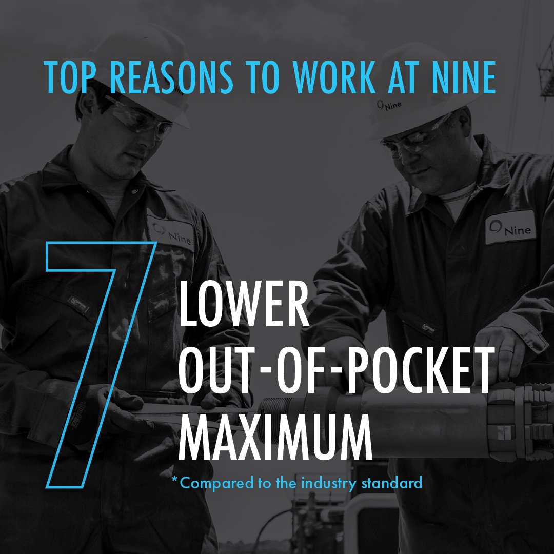 nineenergysrv's tweet photo. $2500 vs. $10K. That’s the difference between Nine and the industry standard for a typical core medical plan’s individual out-of-pocket maximum. Learn more about career benefits at Nine: https://t.co/zDe5cRzBrR #NineEnergy #oilandgasjobs #oilandgascareers https://t.co/x57mNj0oEG