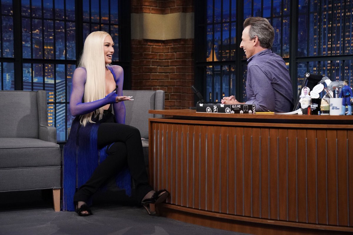 gwenstefani's tweet photo. tune in tonight, thursday 9/8 at 12:35am/11:35c on @nbc with @LateNightSeth !! i had the best time 💋💋 gx 
📸: Lloyd Bishop/NBC https://t.co/iwNyLbN1V8